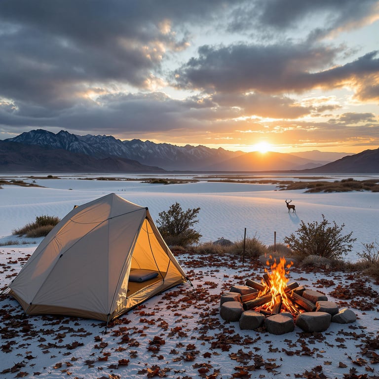 A cozy tent sits under a colorful sunrise in a sandy desert with snowy mountains in the distance. A friendly deer walks by as a warm campfire crackles nearby. It's a magical place full of peace and wonder.