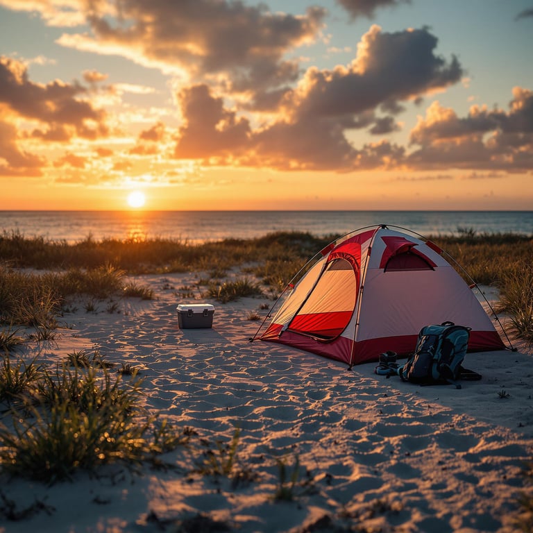 A cozy tent sits on a sandy beach as the sun sets over the ocean, painting the sky with orange and pink. Gentle waves whisper to the shore, creating a peaceful, dreamy atmosphere. Perfect for a quiet night under the stars.