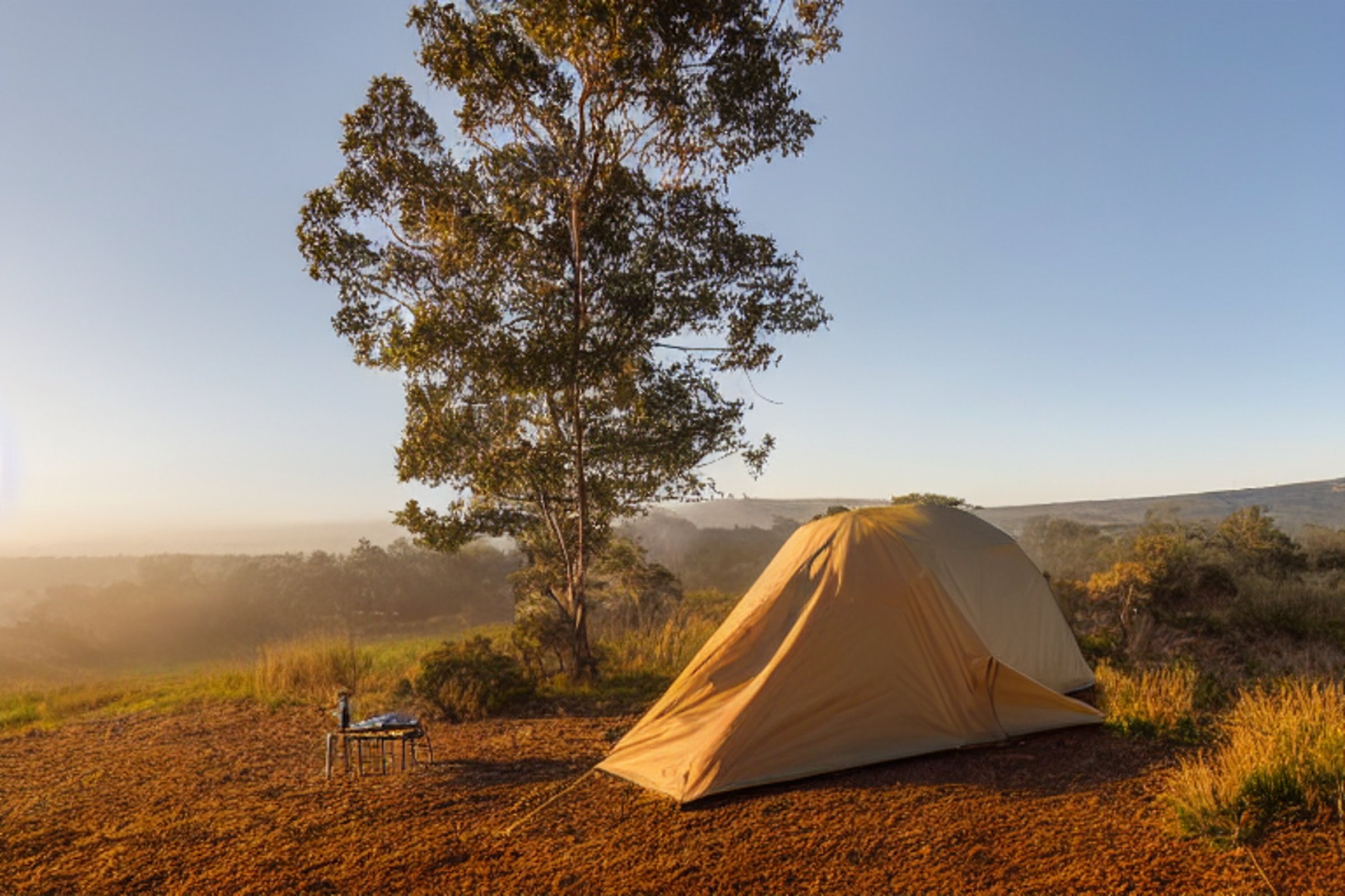 A tan tent rests on a rocky dirt campsite near the San Diego coast. Golden light shines through fall-colored trees, while soft fog covers the rolling hills. A deer stands quietly in the distance.