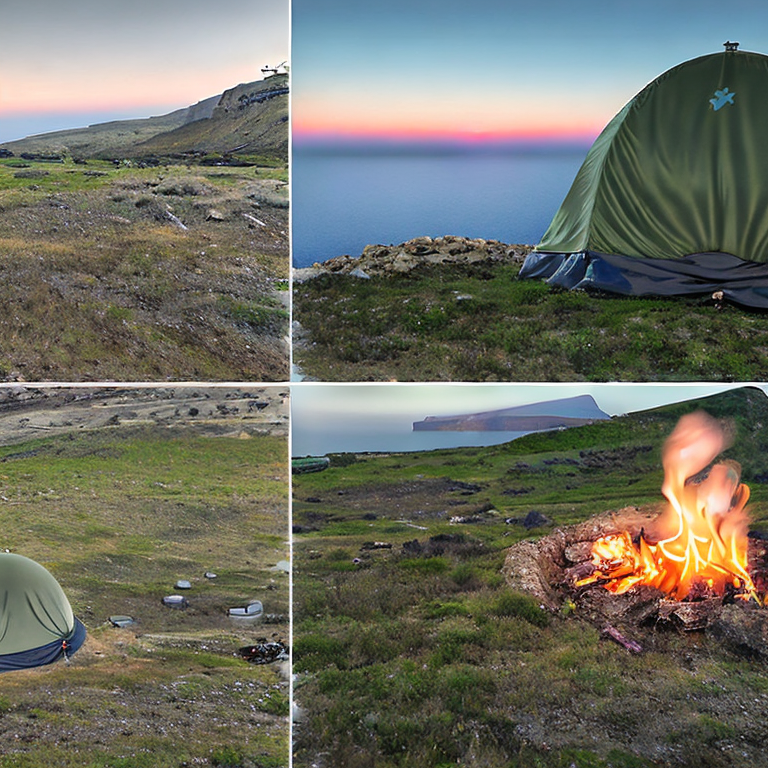 A green camo tent rests on a rocky campsite in Santorini, surrounded by tall grass and rolling hills. A small campfire glows beside the dirt clearing as golden light shines through the snowy air.