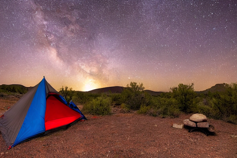 A red tent rests beside a warm campfire in the quiet New Mexico desert. Rain falls softly as a hammock hangs from a nearby tree, and a winding path leads into the dark night.