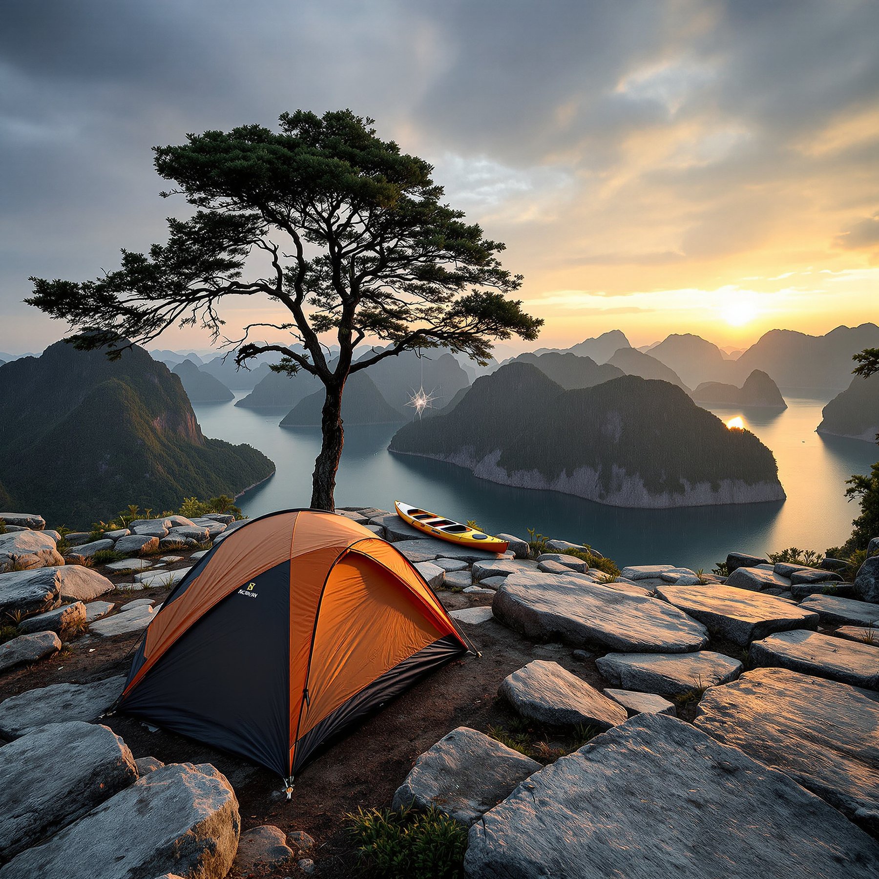 Camp high above a sparkling lake, surrounded by rocky cliffs and tall green mountains. Watch the sunset paint the sky as you relax by your cozy tent and kayak. Nature feels calm and peaceful here.