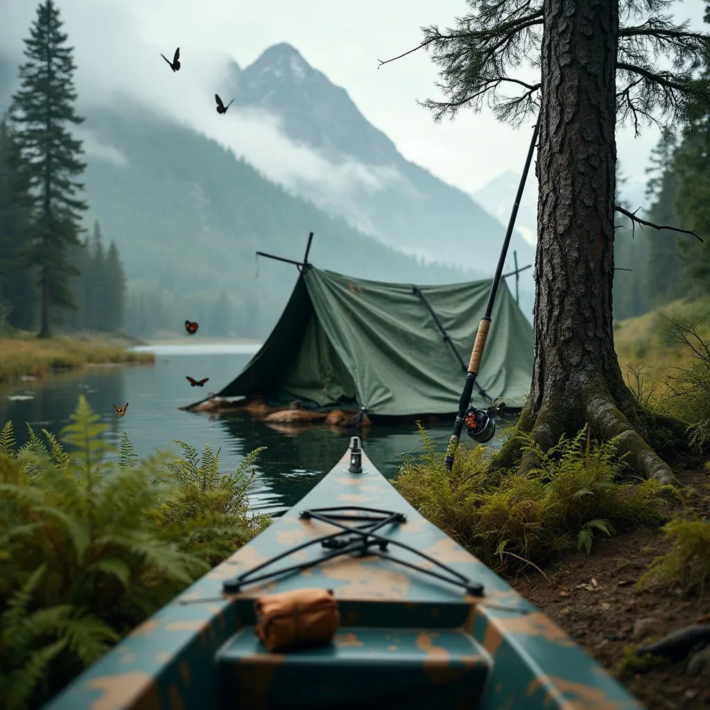 A green camo tarp shelter rests on a windswept plain beneath gray skies. Ferns cover the ground, while a mountain rises in the distance. A fishing rod and bear-proof food container hang near the trees, as butterflies flutter nearby.