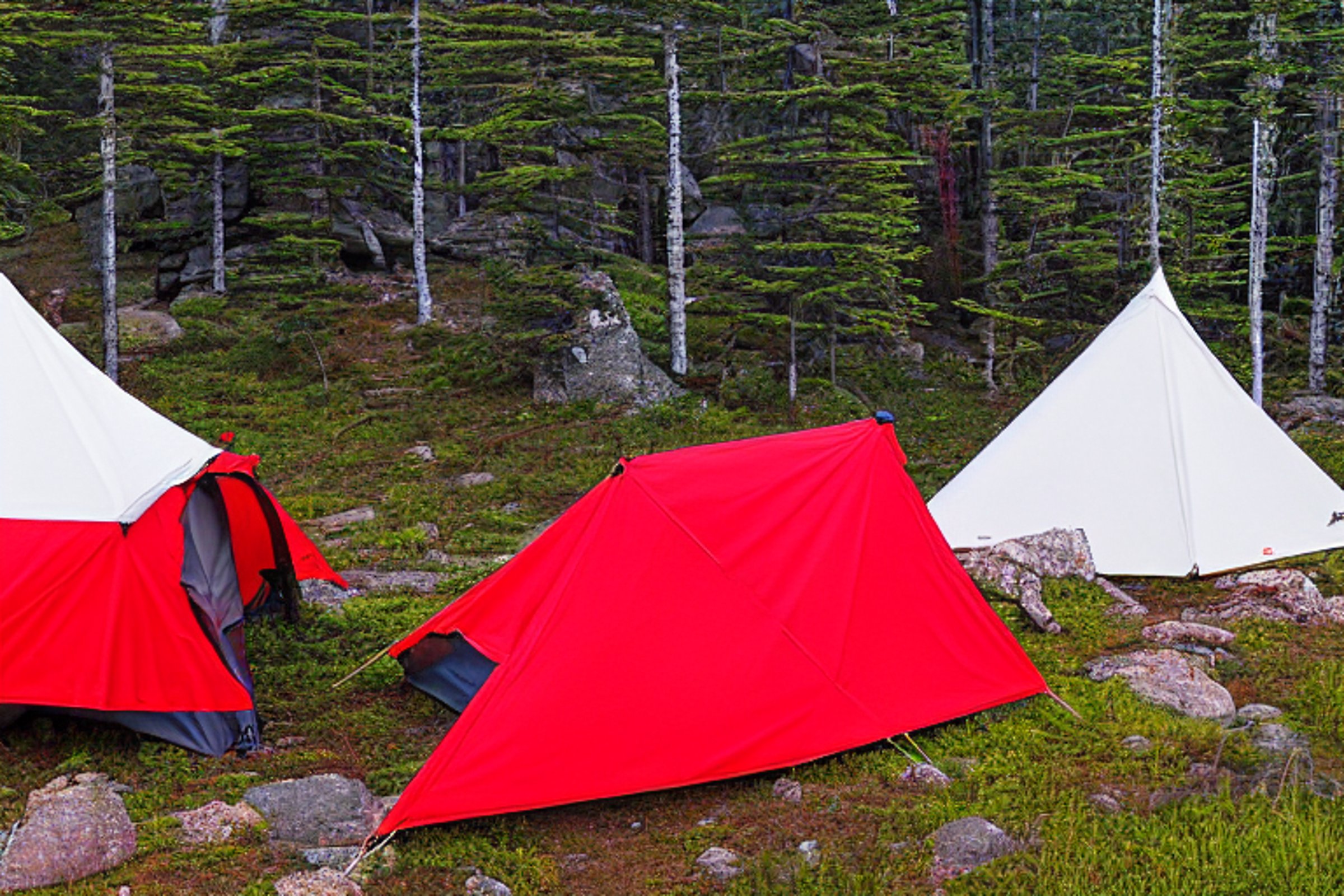 A bright red tent glows softly on a paved campsite at sunrise. Snow, wildflowers, and large boulders surround the dirt clearing, creating a peaceful scene in Isle Royale National Park.