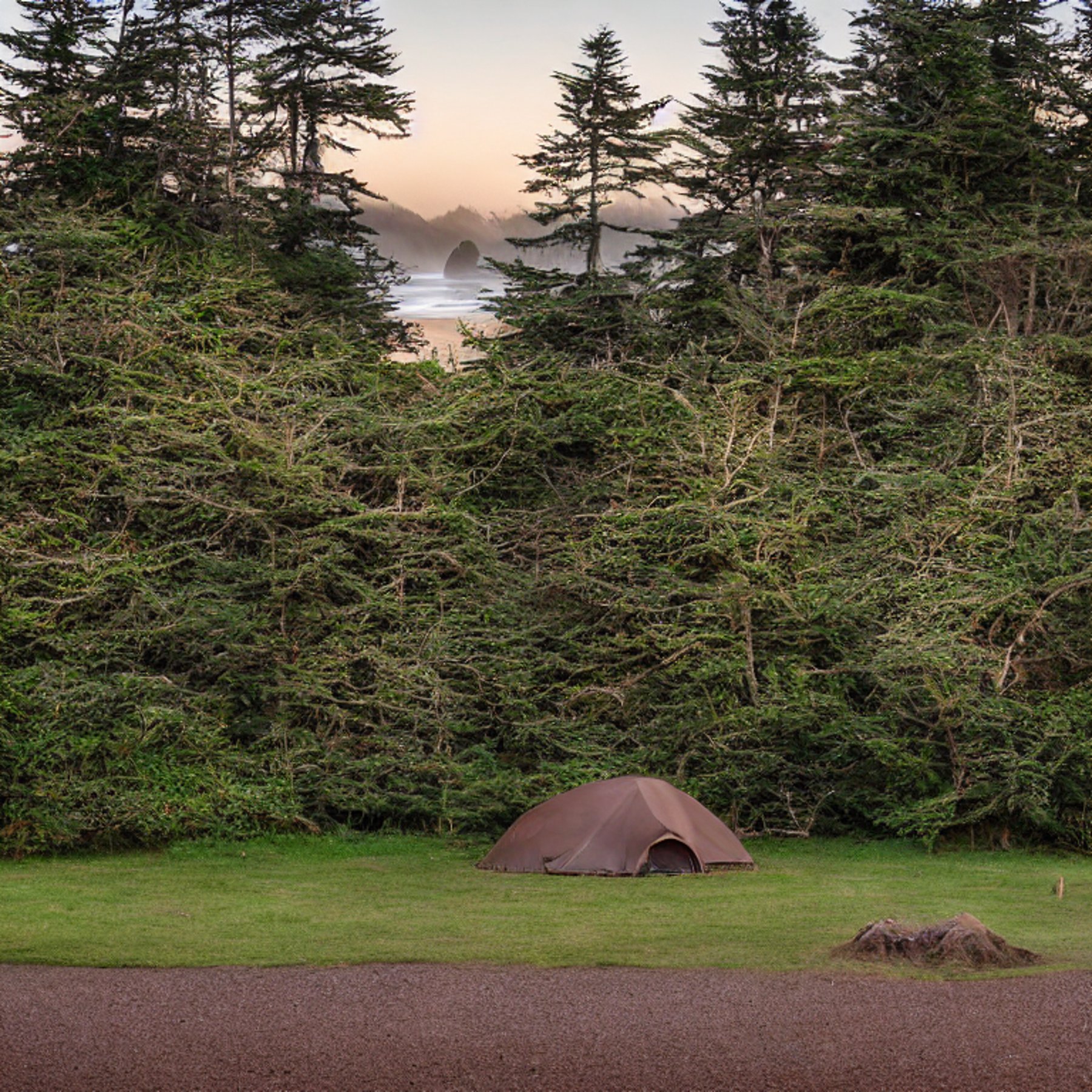 A cozy brown tent rests on a quiet paved campsite near Cannon Beach, Oregon. Tall trees surround the rocky ground, with patches of stone gravel and a dirt clearing nearby. The soft dusk light creates a calm, peaceful feeling.