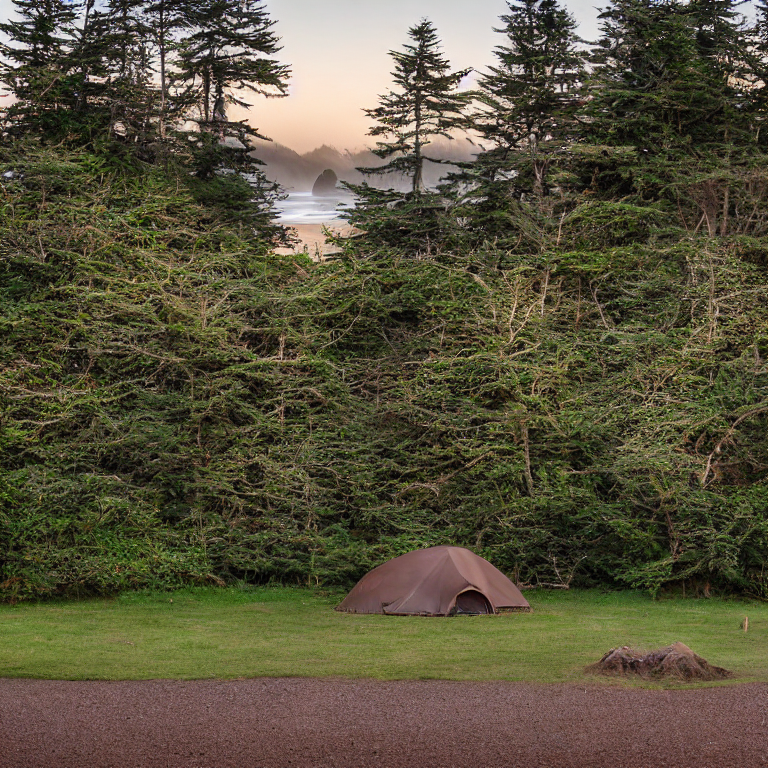A cozy brown tent rests on a quiet paved campsite near Cannon Beach, Oregon. Tall trees surround the rocky ground, with patches of stone gravel and a dirt clearing nearby. The soft dusk light creates a calm, peaceful feeling.