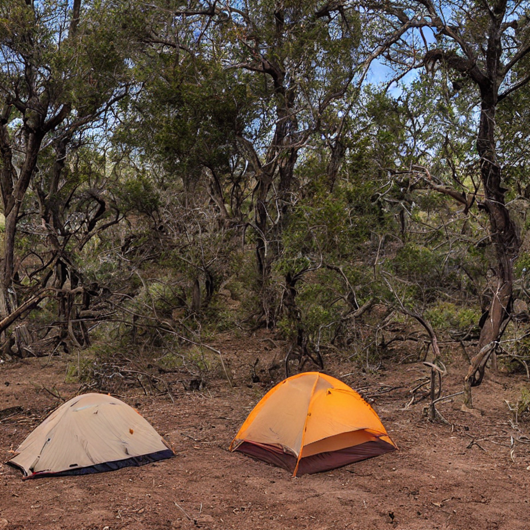 A cozy brown tent rests on a sandy patch near San Diego Beach. A warm campfire glows beside camping chairs under a clear, starry sky. A dirt path and clothesline add a homey touch to the peaceful campsite.