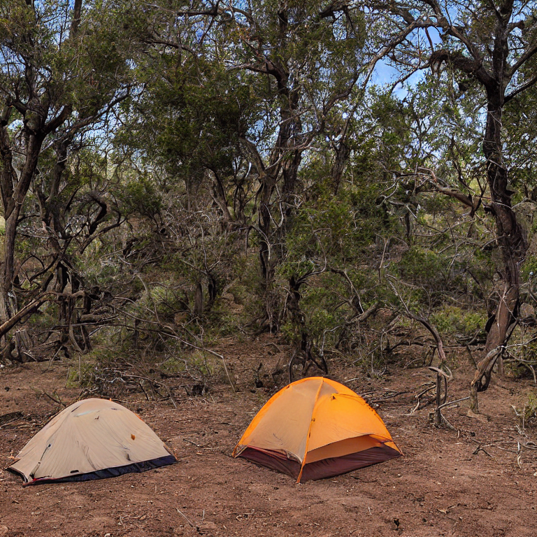 A cozy brown tent rests on a sandy patch near San Diego Beach. A warm campfire glows beside camping chairs under a clear, starry sky. A dirt path and clothesline add a homey touch to the peaceful campsite.