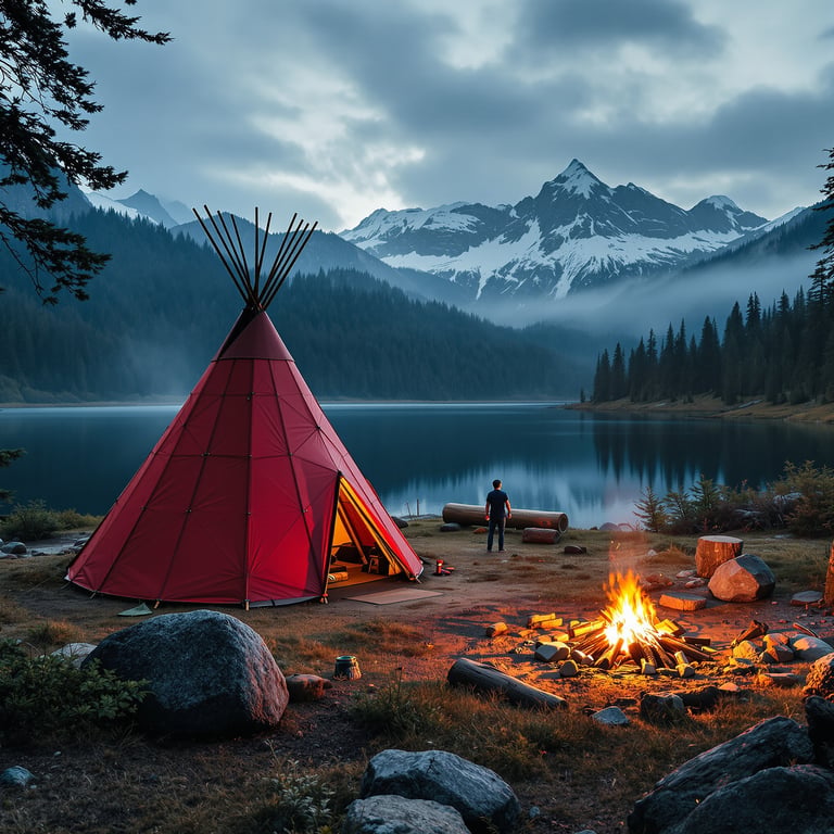 A cozy red tent sits by a calm mountain lake, with tall pine trees all around. A bright campfire glows, lighting up the evening air. Snowy peaks rise in the background, making the scene feel peaceful and magical.