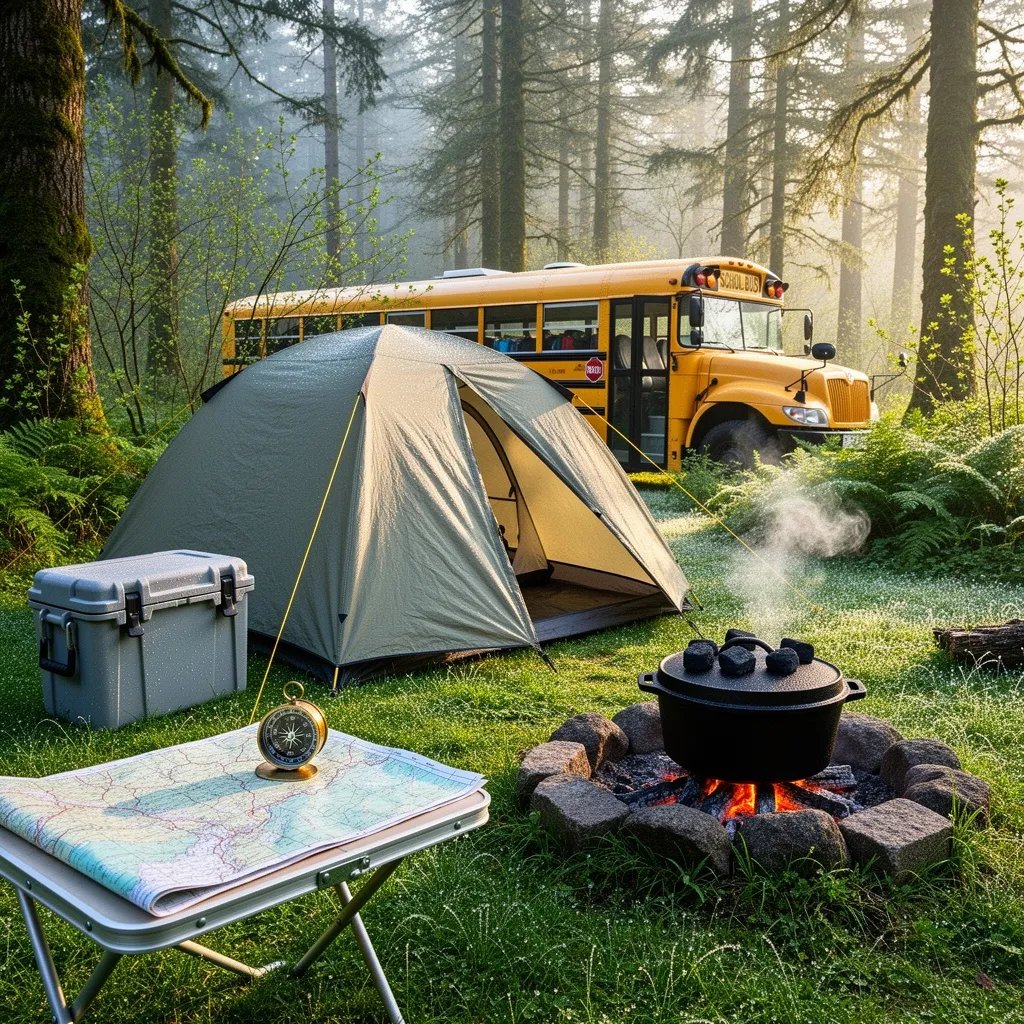 A cozy tent and cooler sit on soft, wet grass in a quiet green forest. Morning light shines gently through the trees, making the dew sparkle. A map, compass, and dutch oven over warm coals wait for the day’s adventure. In the background, a yellow school bus turned camper rests among the misty trees.