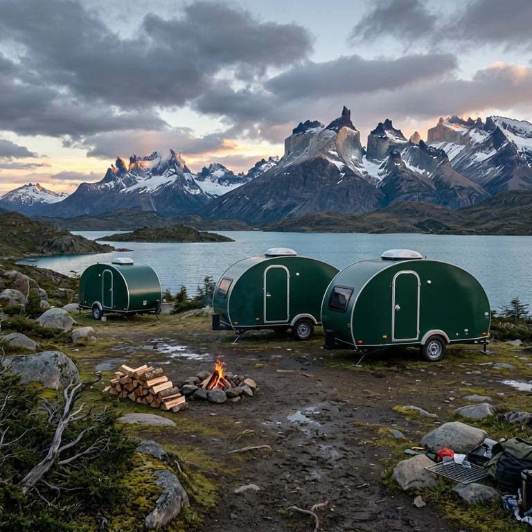 Forest-green trailers sit in a quiet, mossy clearing beneath low storm clouds. A small campfire and neat stack of wood make the muddy campsite feel cozy and tucked away in Patagonia.