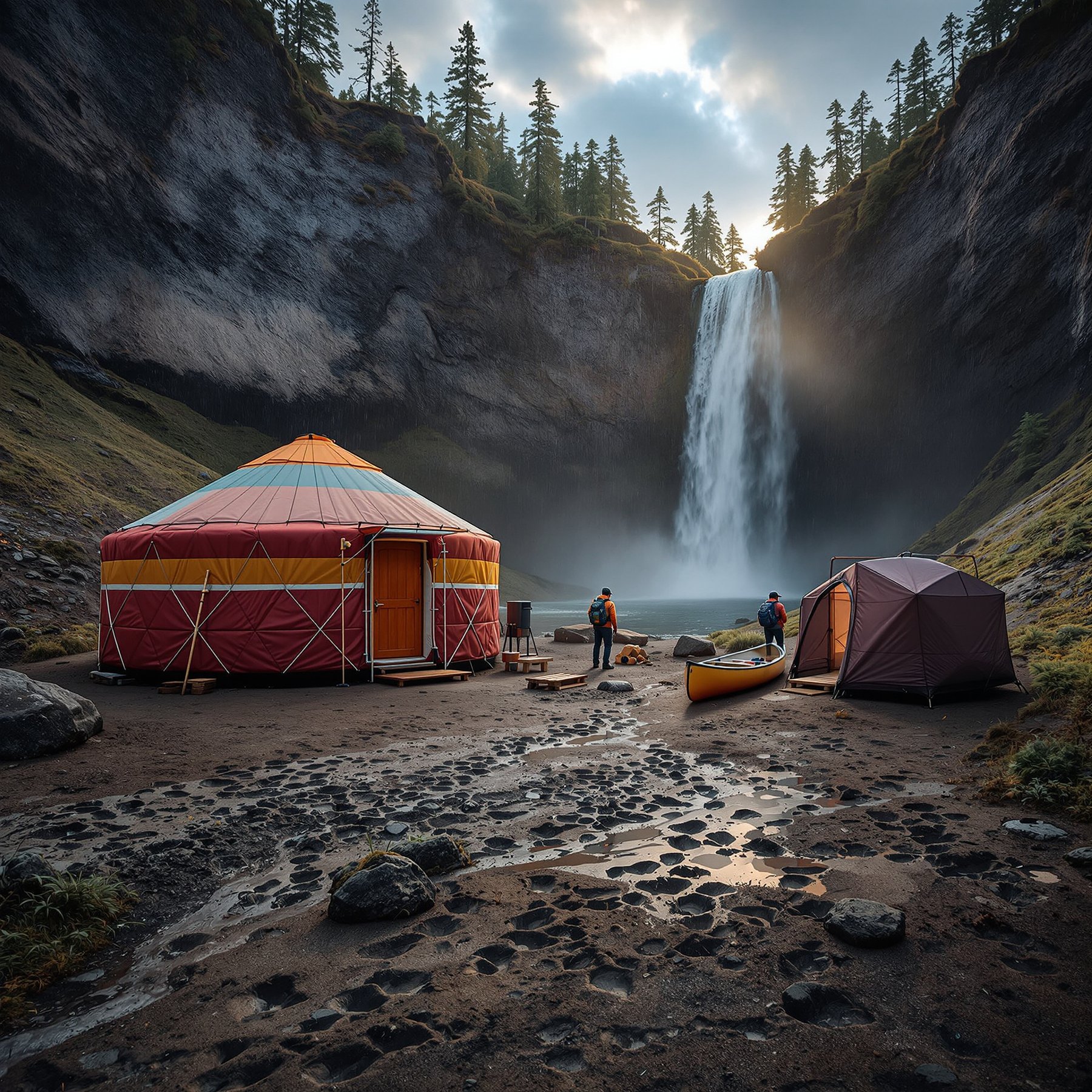 This campsite sits by a huge, roaring waterfall surrounded by tall cliffs and pine trees. There’s a cozy yurt, a tent, and a bright yellow canoe by the water. The air feels fresh and full of adventure.
