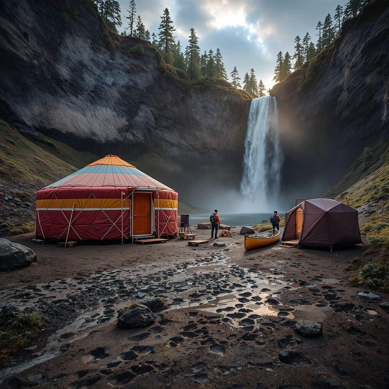 This campsite sits by a huge, roaring waterfall surrounded by tall cliffs and pine trees. There’s a cozy yurt, a tent, and a bright yellow canoe by the water. The air feels fresh and full of adventure.