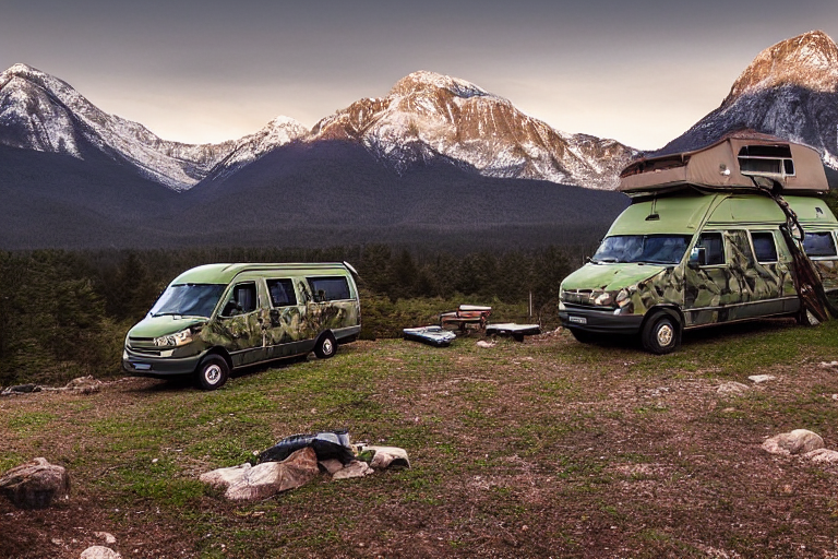 A green camo van rests on a quiet mountain campsite as snow falls around it. Boulders and distant peaks surround the dirt clearing, while a wooden guitar adds a cozy touch near the fireless camp.
