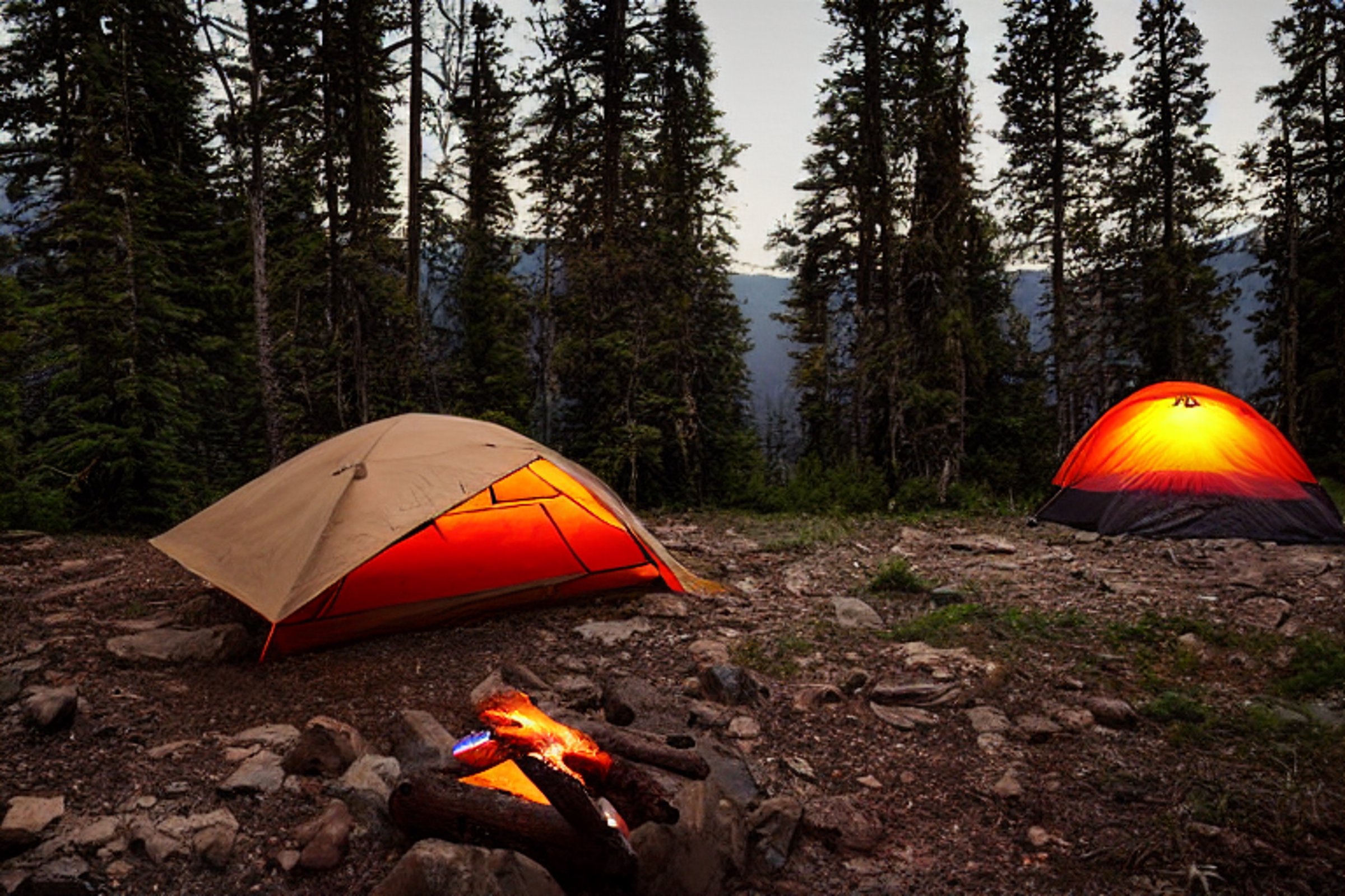 A brown tent glows softly in a quiet Montana campsite at night. A warm campfire sits among stone rings and logs, surrounded by rocky ground and fallen leaves. Misty fog drifts through the dark, wild landscape.