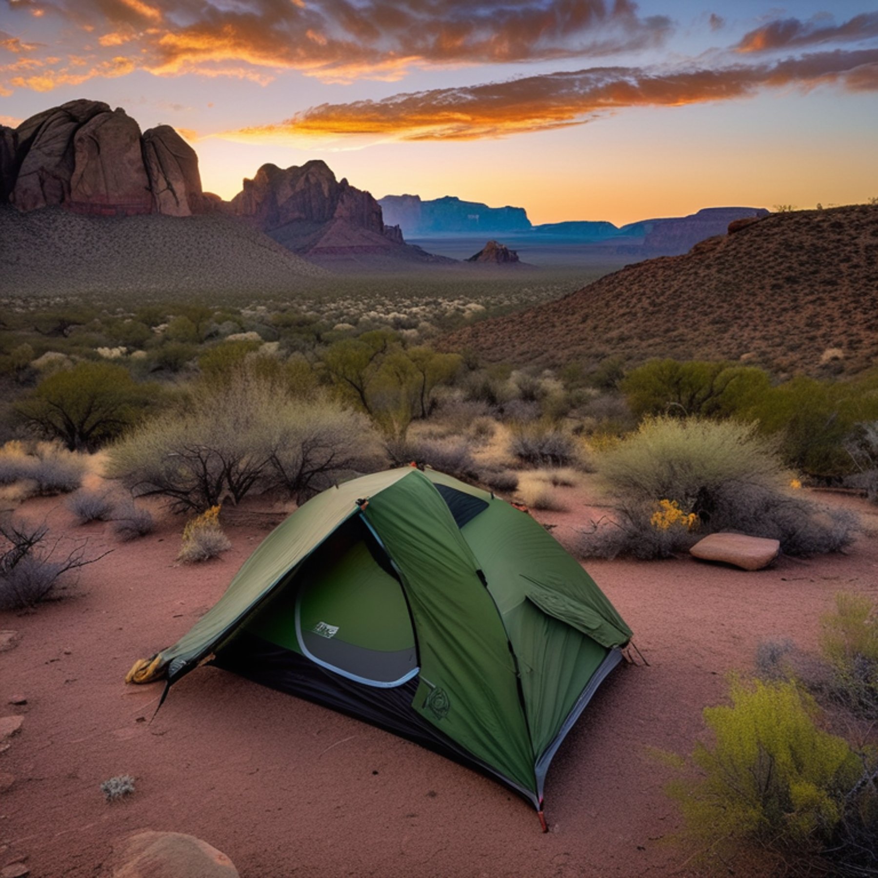 A forest-green tent rests on a dirt patch among large rocks and tall trees. Soft sunrise light glows over the rough, snowy landscape of Big Bend National Park.