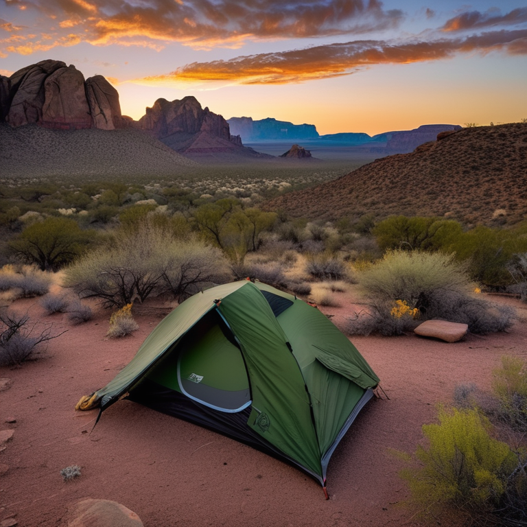 A forest-green tent rests on a dirt patch among large rocks and tall trees. Soft sunrise light glows over the rough, snowy landscape of Big Bend National Park.