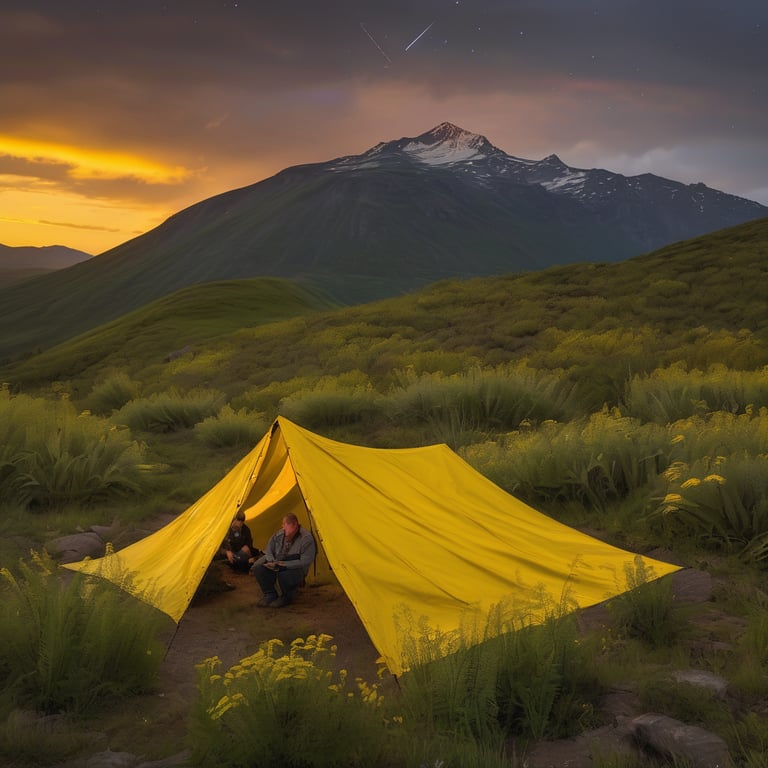 A bright yellow tarp shelter rests in a wildflower field beneath a sky full of meteors. A dirt path winds past ferns and hikers, while mountains fade into the last light of sunset.