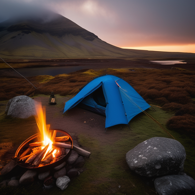A bright blue tent rests on a quiet dirt clearing in Iceland, surrounded by ferns and misty hills. A warm campfire glows among ringed stones, with a lantern and small twig nearby. Sunset light fills the foggy campsite with a calm, cozy feeling.