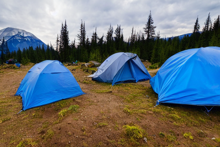 A blue tent rests on a quiet dirt campsite beneath a star-filled, cloudy sky. A mountain rises in the distance, while a clear stream winds past the camp chairs and hiking path.