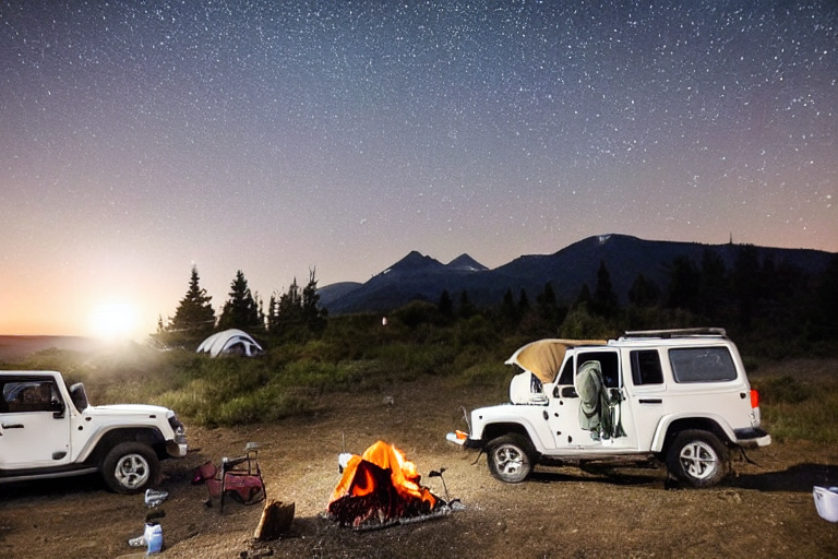 A white Jeep with a rooftop tent rests at a cozy dirt campsite by the California coast. A warm campfire glows between the chairs, while clothes sway on a nearby line. Mountains rise in the distance beneath a sky full of stars.