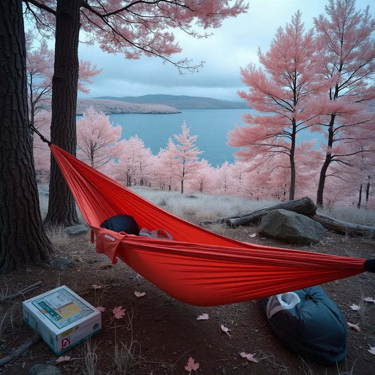 A bright red hammock rests in an overgrown campsite in Acadia National Park. Seen from above, the quiet parking spot and camping gear sit beneath a cool, cloudy sky.