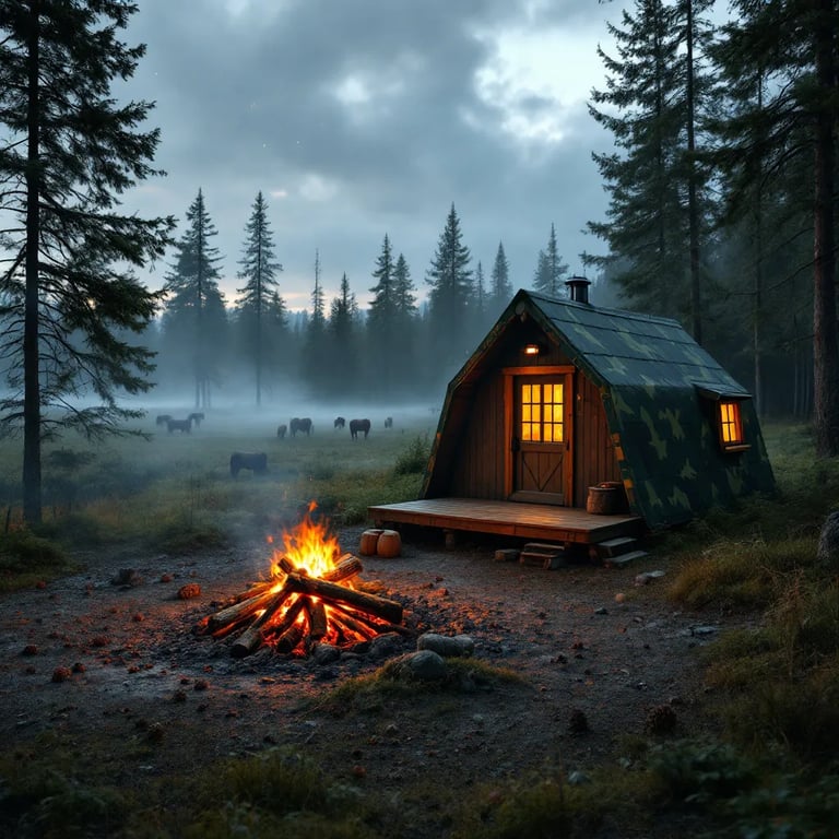 A green camo cabin rests among tall pine trees in misty Norway. A warm campfire and cooking stove make the campsite feel cozy, while wild horses graze in a distant field. Above the trees, stars shine through a break in the stormy sky.