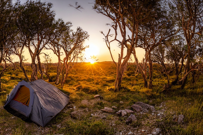 A cozy tent rests on a rocky dirt campsite in the New Mexico desert. Mossy trees surround the clearing, while a winding hiking path leads through the warm sunset light. Surfers add a surprising touch to this peaceful scene.
