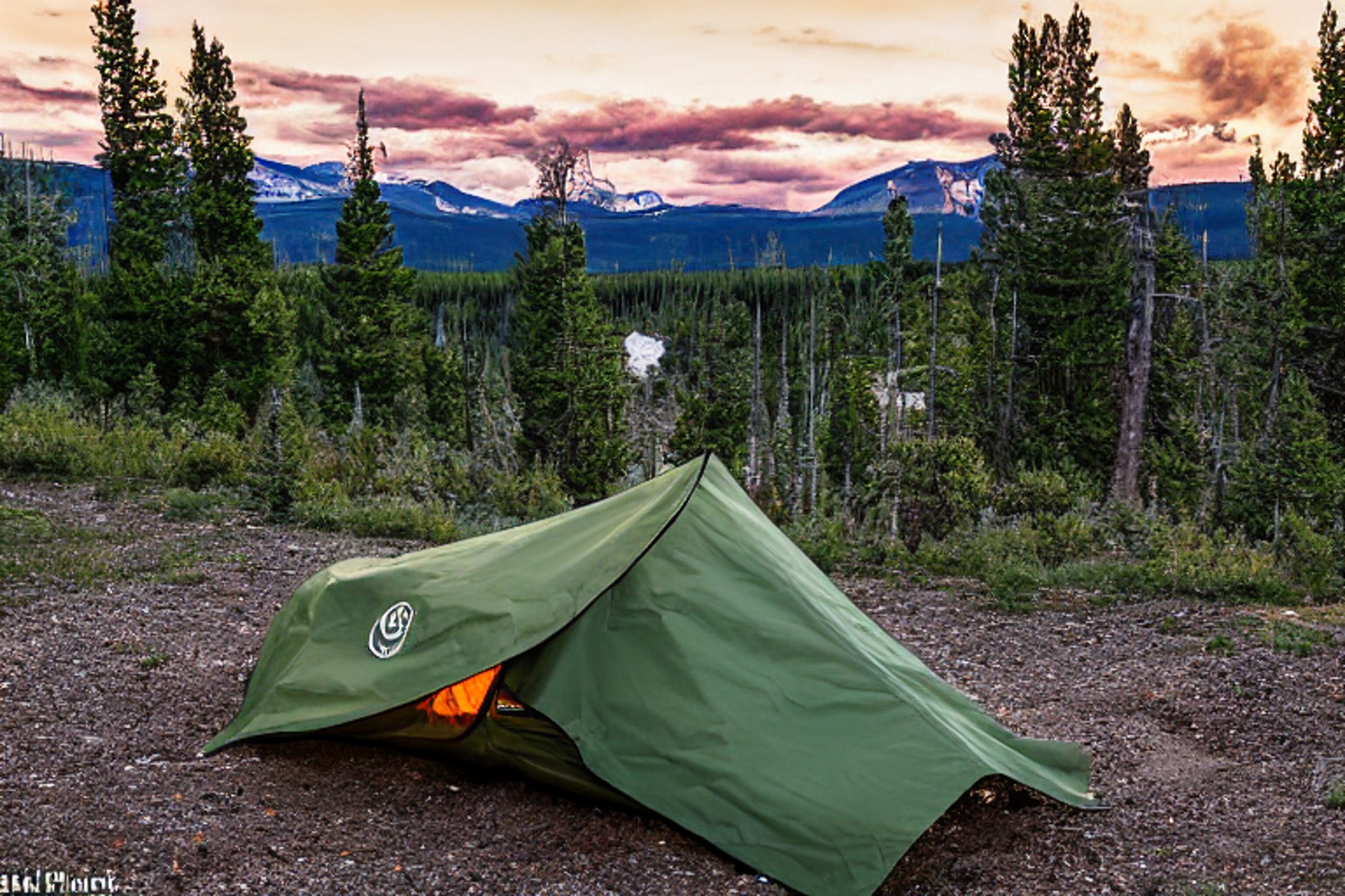 A green camo tent rests on a rocky dirt campsite beneath the mountains of Yellowstone. Rainy sunset light fills the sky, while a lantern glows beside a stone-ringed campfire.