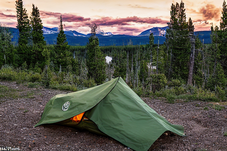 A green camo tent rests on a rocky dirt campsite beneath the mountains of Yellowstone. Rainy sunset light fills the sky, while a lantern glows beside a stone-ringed campfire.