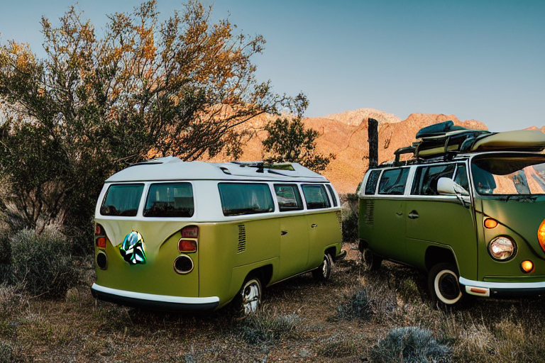 A forest-green campervan rests at a peaceful campsite in Big Bend National Park. Golden sunlight warms the trees and rocky land, while a small campfire glows beside cozy camping chairs. Birds glide across the bright sky.