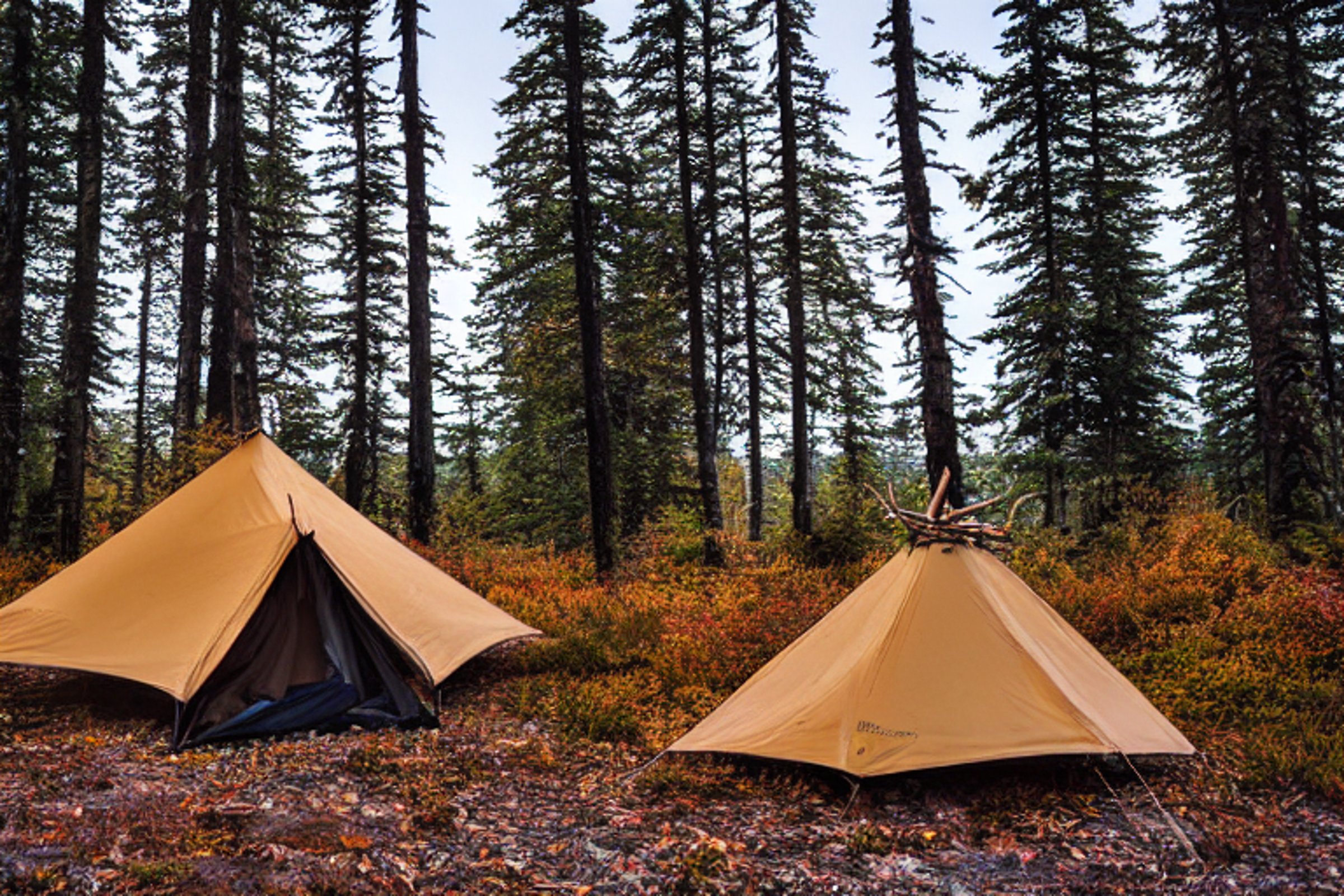 A tan tent rests on a paved campsite in the snowy Alaska wilderness. Fall-colored trees glow in the sunset, while boulders, a hammock, and a box of camping gear add cozy adventure.