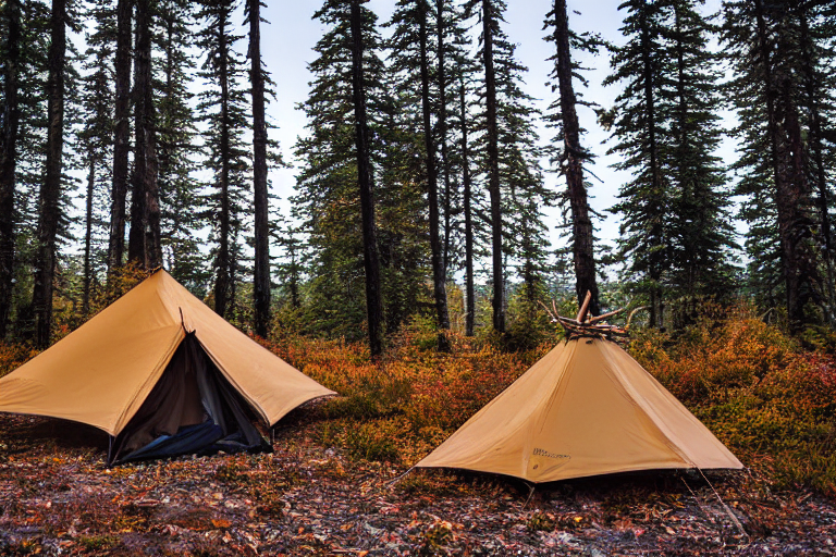 A tan tent rests on a paved campsite in the snowy Alaska wilderness. Fall-colored trees glow in the sunset, while boulders, a hammock, and a box of camping gear add cozy adventure.