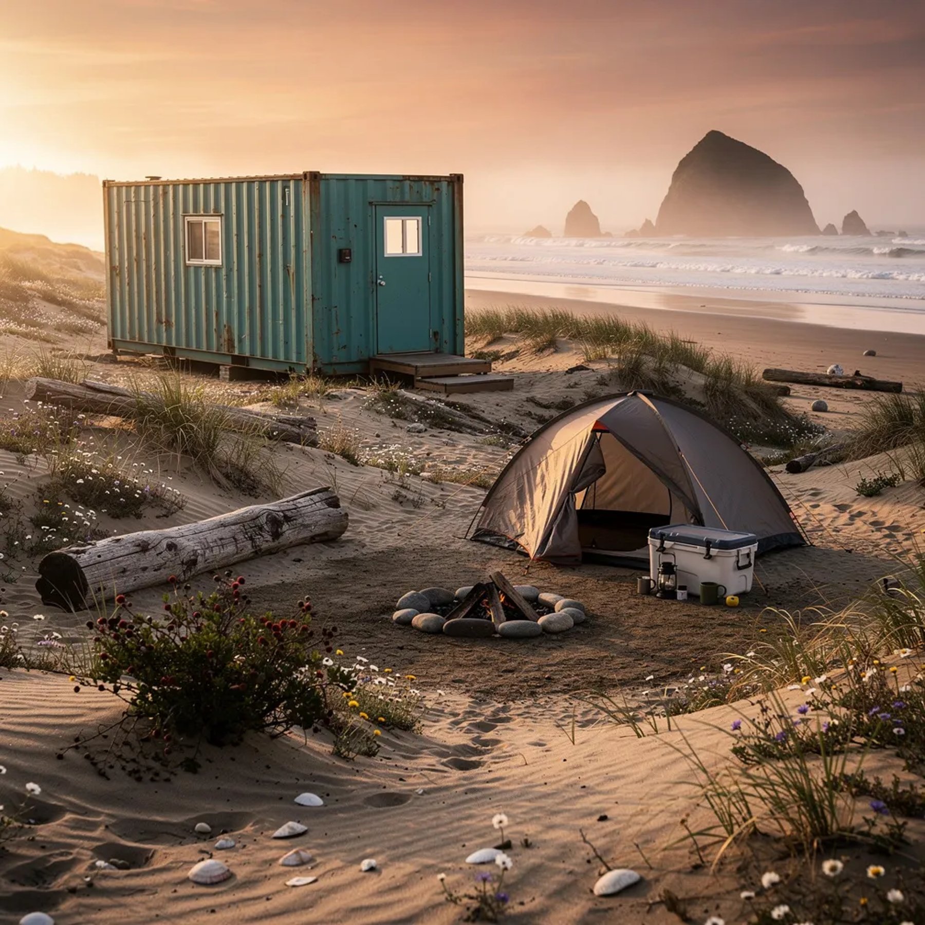 A cozy campsite sits on sandy dunes by the ocean, with beach grass, driftwood, and tiny wildflowers all around. A teal cabin and a small tent rest in the warm sunset light, with a cooler nearby and a little fire ring in the sand. Soft sea mist drifts in as long shadows stretch toward the shore.