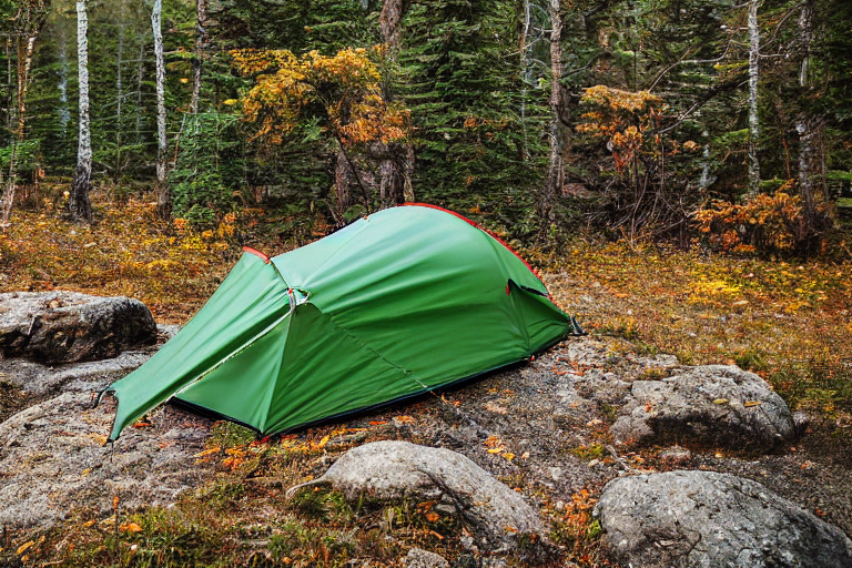 A green two-person tent rests on a dirt patch beside a glowing campfire. Snow falls around the campsite, while a quiet river, smooth boulders, and colorful fall trees fill the scene. Rolling hills rise beneath the dark, open sky.