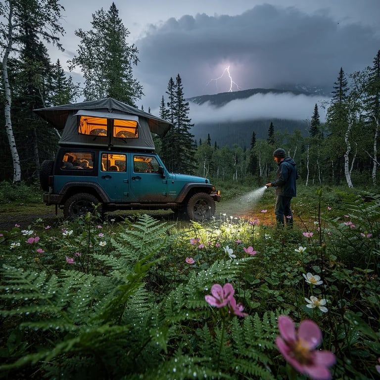 Rain-soaked ferns and tiny wildflowers glow on the forest floor in a quiet Alaska clearing at dusk. A teal Jeep sits with a rooftop tent shining warm light like a little cabin. Far away, low clouds hug the mountains, and a flash of lightning lights up the stormy sky. A lone camper sweeps a flashlight beam across the wet ground.