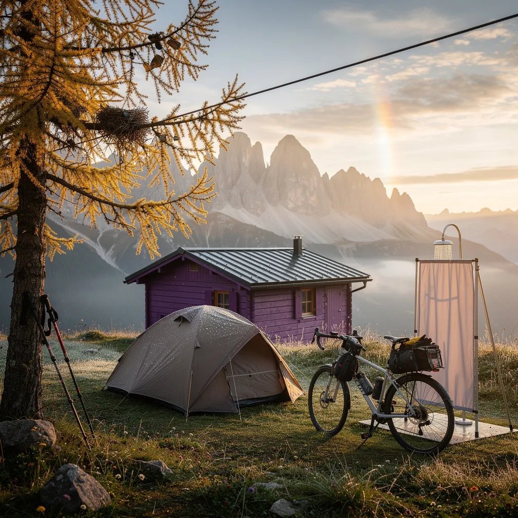 A small purple cabin and a cozy tent sit in a grassy alpine meadow, wet with morning dew. Mist drifts through the valley as sharp, rocky peaks rise far away in the golden sunrise. A bicycle, trekking poles, and a simple outdoor shower make the camp feel ready for adventure, while a tiny bird nest hides in the branches above.