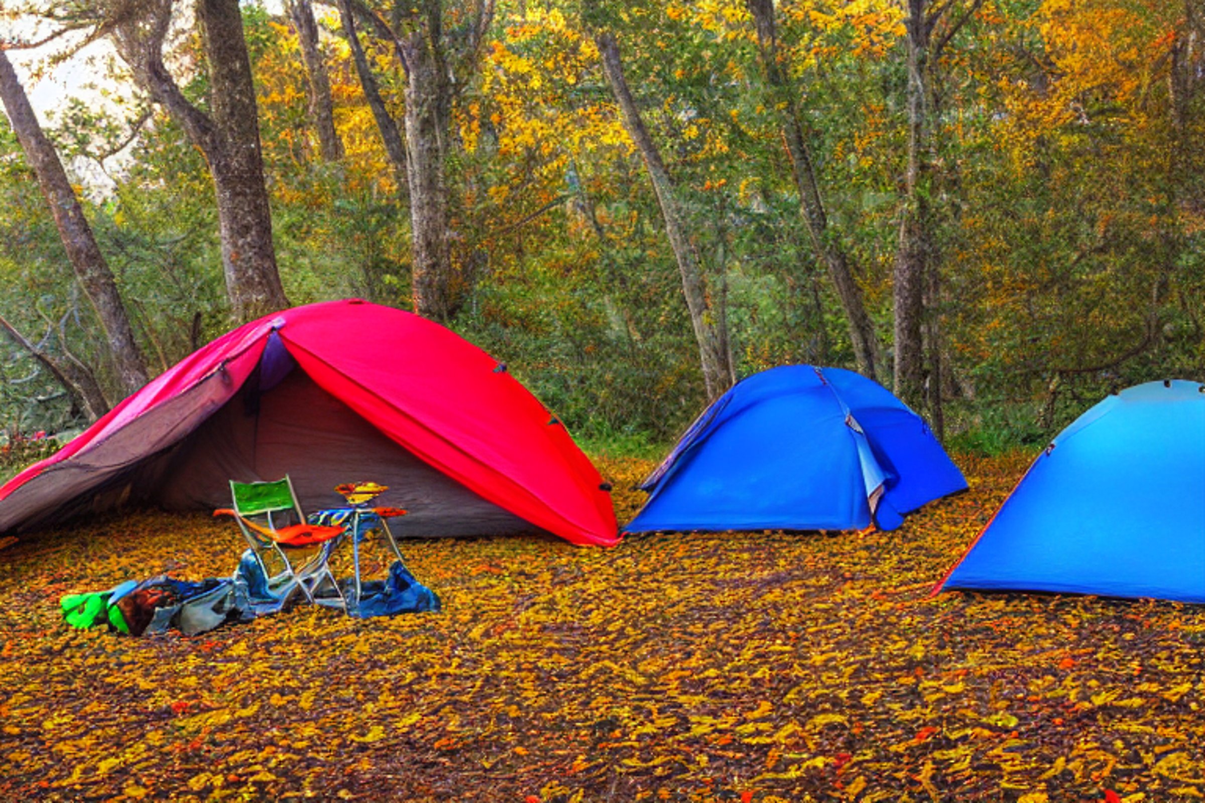 A colorful tent rests on a paved campsite beside a small dirt patch. Fall-colored trees, wildflowers, and tall grass surround the area, while camping chairs invite you to relax. Soft fog and sunset light create a calm, peaceful mood.