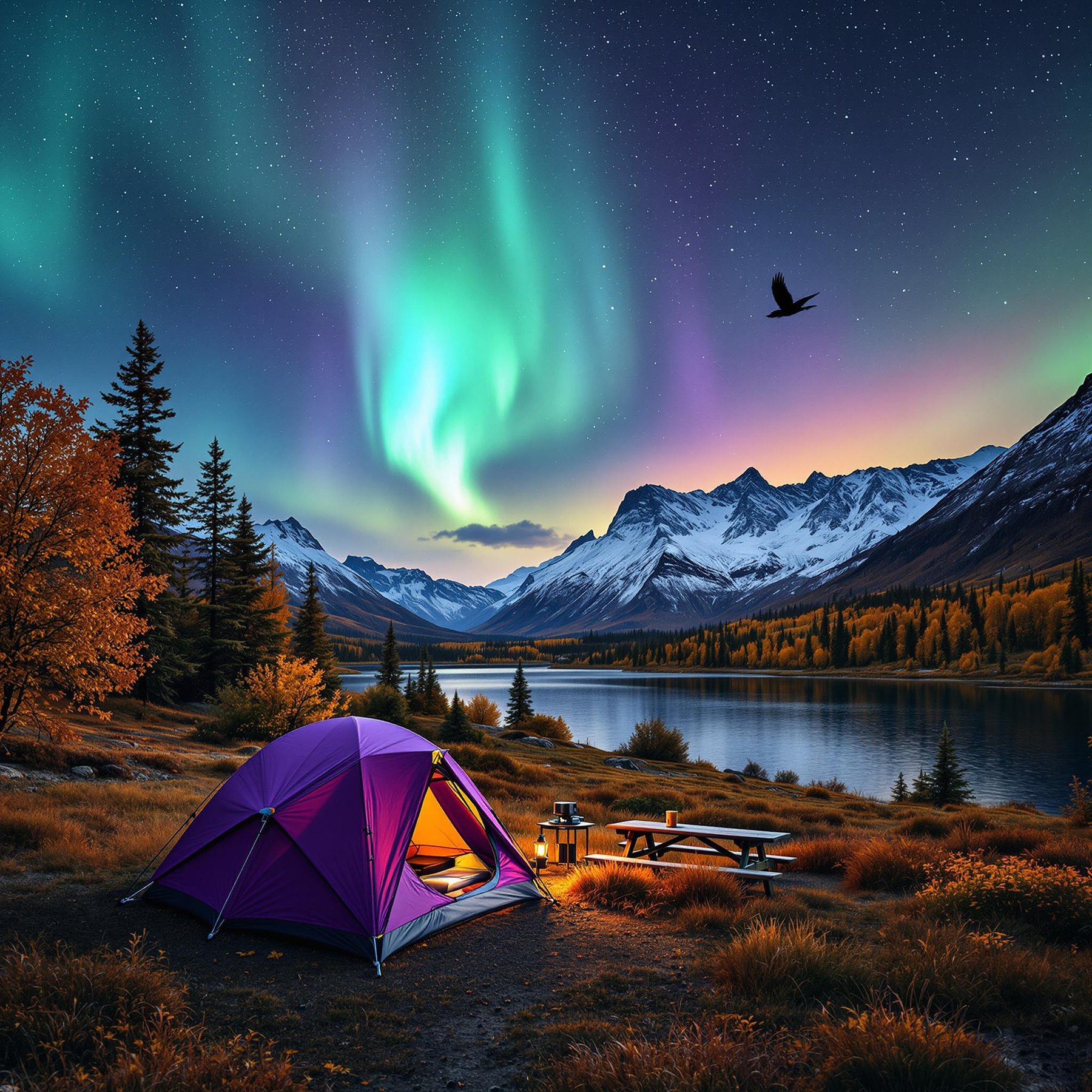 In a magical mountain valley, a purple tent glows under the dancing Northern Lights. The starry sky twinkles over the calm lake, surrounded by autumn trees. A campfire flickers nearby, welcoming the night with warmth and wonder.