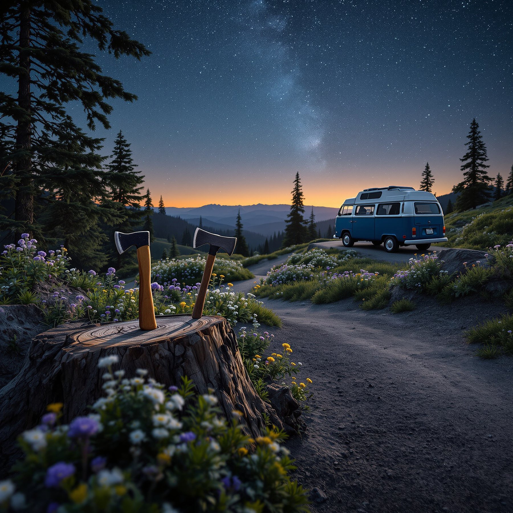 Camp under a starry sky with tall pine trees and colorful wildflowers all around. A cozy van waits by the path, while two axes rest in a tree stump. The mountains glow gently at sunset, making everything feel peaceful and safe.