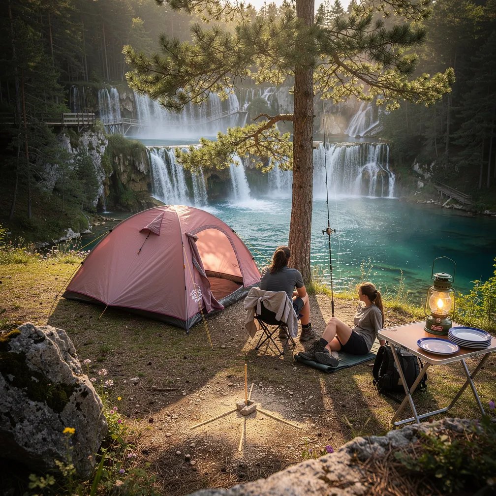 A dusty-rose tent sits in a pine tree clearing above bright turquoise lakes and rushing waterfalls. Warm golden light makes the rocks and grass glow, and a soft haze drifts over the water. Two hikers rest nearby while a fishing rod leans on a tree and a lantern shines on a small table with stacked camp plates.