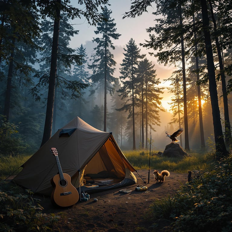 A cozy tent rests in a misty rainforest clearing as soft golden light shines through the trees. A guitar and fishing rod sit nearby, while a squirrel dashes across the camp. Above, stars peek through the branches as a golden eagle soars overhead.