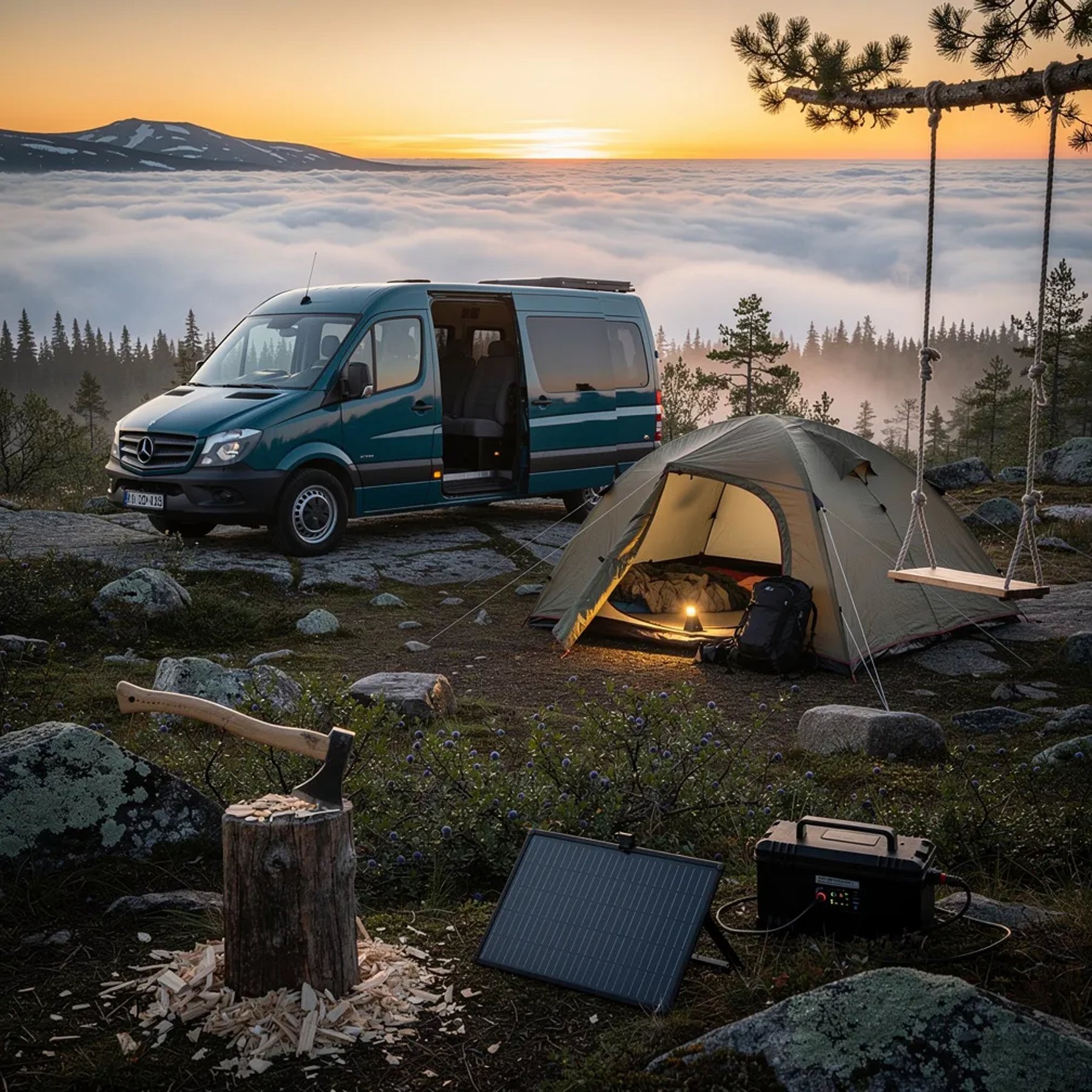 A quiet campsite sits on a mossy hill above a soft sea of clouds at sunset. A teal van and a tent rest among pine trees and rocky ground, with warm light glowing inside the tent. An axe sticks in a stump, a solar panel soaks up the last sun, and a rope swing hangs ready in the cool mist.