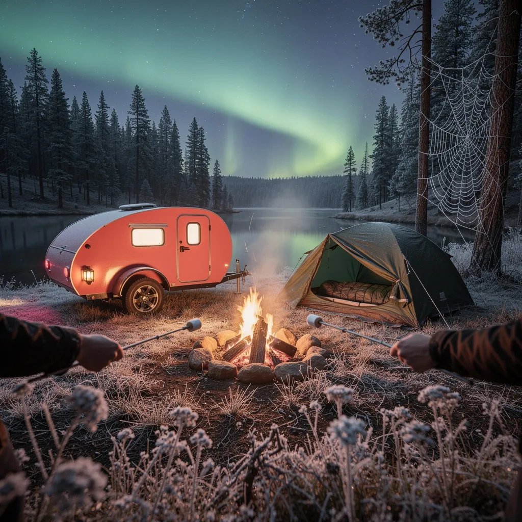 A cozy campsite sits in a quiet Montana forest beside a still, dark lake. A coral trailer and a small tent glow softly while a warm fire crackles and someone roasts marshmallows. Frost sparkles on a tiny spider web, and wildflowers peek up in the foreground. Above the tall pines, stars shine bright and a faint green aurora waves across the cold night sky.