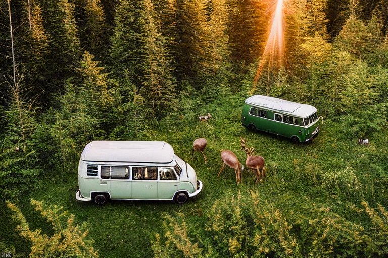 Three forest-green campervans rest among tall trees and soft ferns in a Washington forest. Hikers enjoy the warm golden light while deer wander quietly in the background.