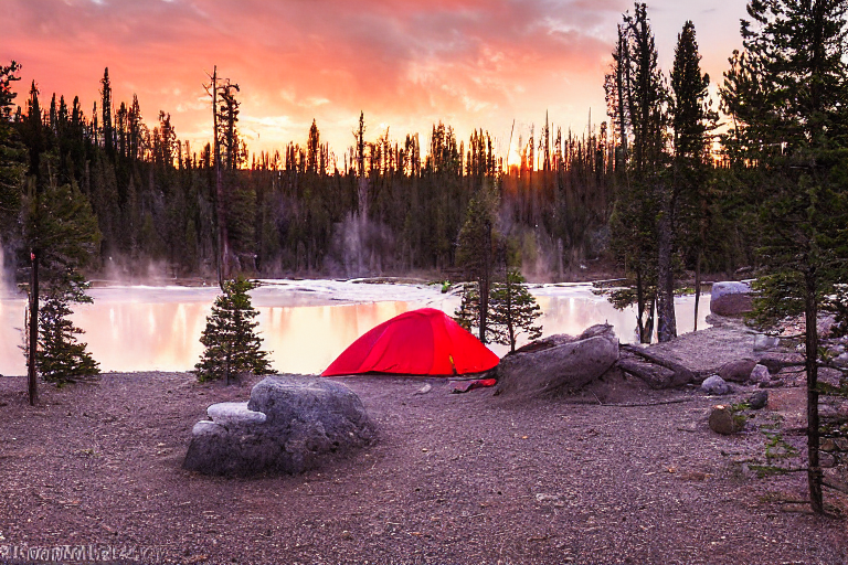 A bright red tent sits beside a warm campfire on a rocky dirt patch in Yellowstone. Tall trees, rough ground, and a large rock surround the peaceful campsite beneath a clear sunrise sky.