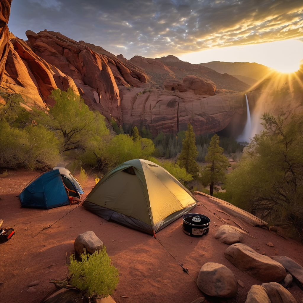 A cozy campsite rests among ferns and small trees beneath the red cliffs of Red Rock Canyon. A campfire, mug, and canoe sit nearby, while a waterfall tumbles down the hazy canyon wall.