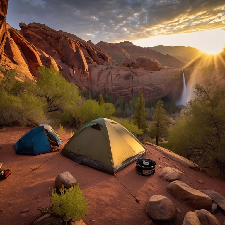A cozy campsite rests among ferns and small trees beneath the red cliffs of Red Rock Canyon. A campfire, mug, and canoe sit nearby, while a waterfall tumbles down the hazy canyon wall.