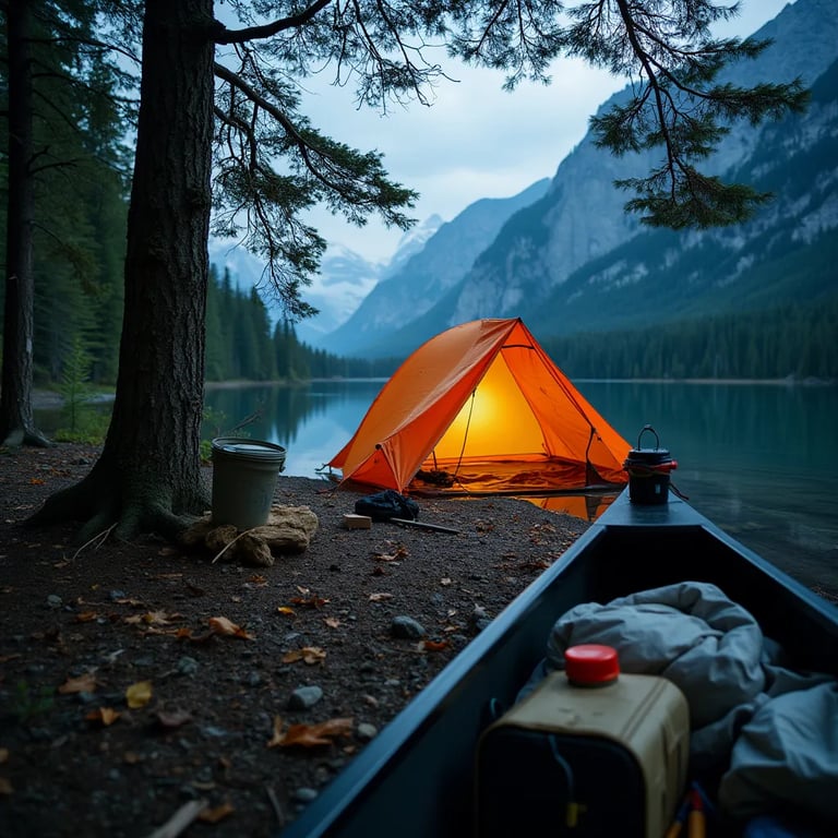 An orange tarp shelter glows softly in a quiet forest at night. Seen from a canoe, the campsite rests by the shore beneath clear skies, with mountains rising in the distance. Camping gear sits nearby, and a bear-proof food container hangs from a tree.