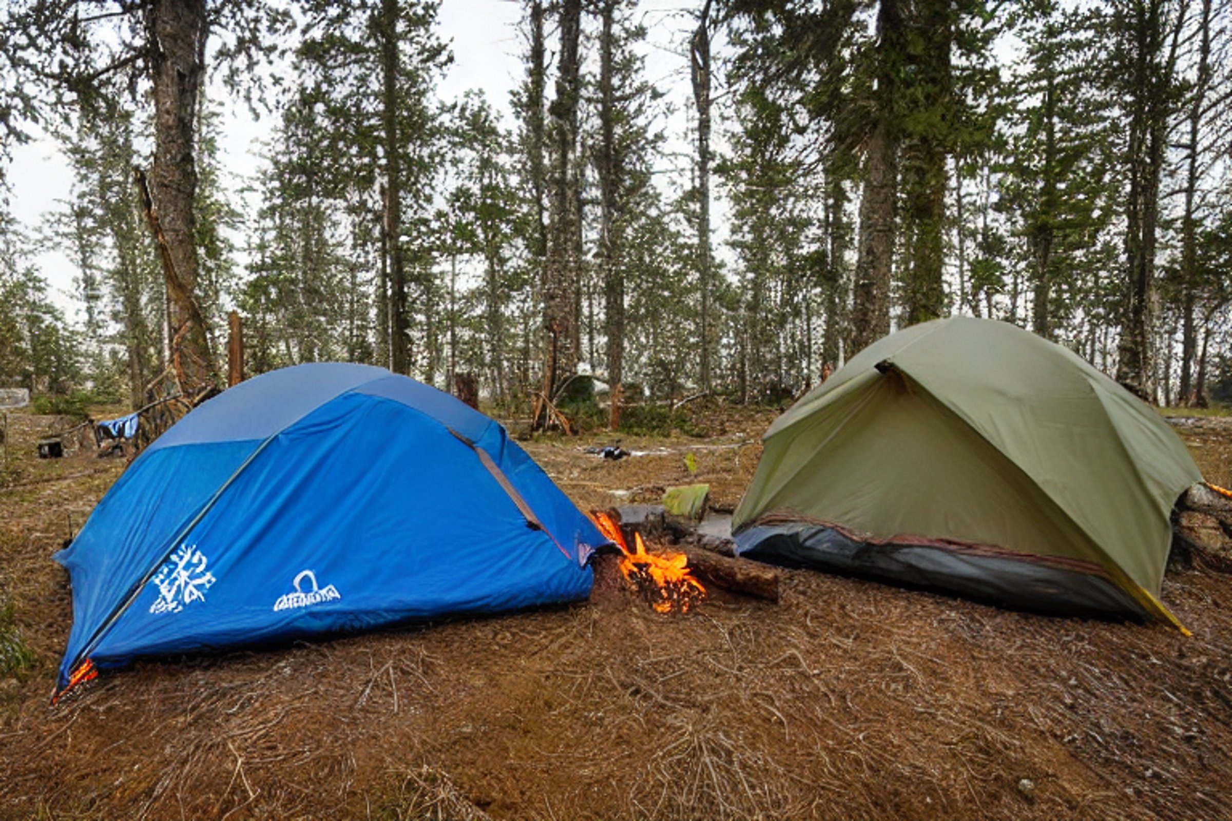 A gray and blue tent rests on a quiet dirt campsite as the sun rises. Snow dusts the small trees, while a campfire, camping lantern, and gear box add a cozy touch.